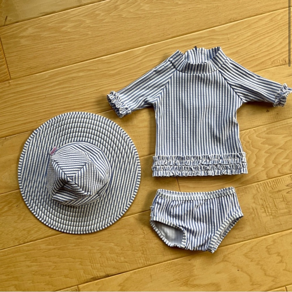 Ruffle Butts Seersucker Short Sleeve Rash Guard Bikini & Hat